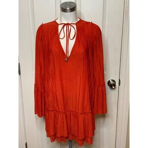 Free People Red Accordion Pleated Bell Sleeve Tie-Neck Top, Size XS